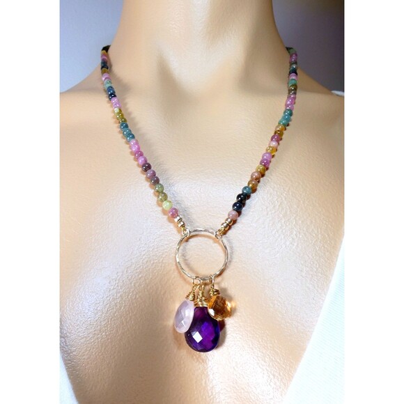 Watermelon Tourmaline Beaded Gemstone Charm Gold Fill Pendant Necklace - Picture 4 of 7